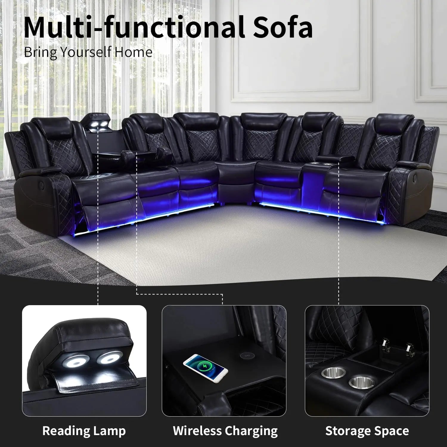 Recliner Leather Sofa Sectional Couch with LED Light with Storage - Ohberri
