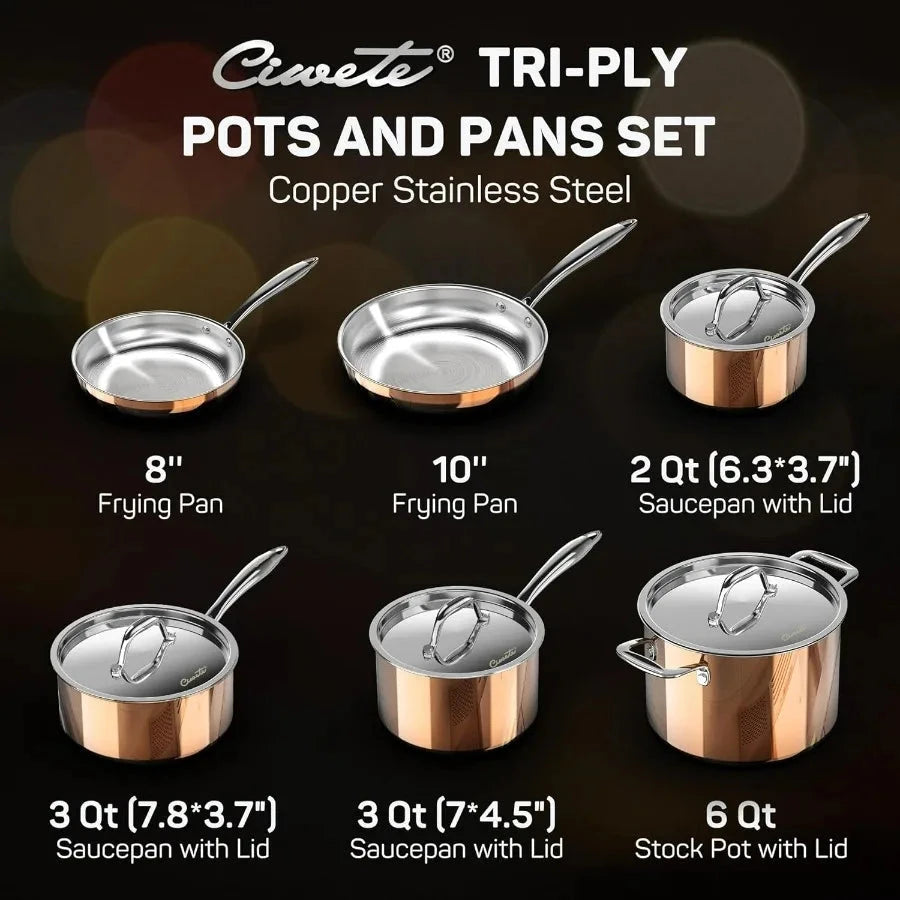 10 Stainless Steel Pot and Pan Set Copper Induction Cookware Ohberri