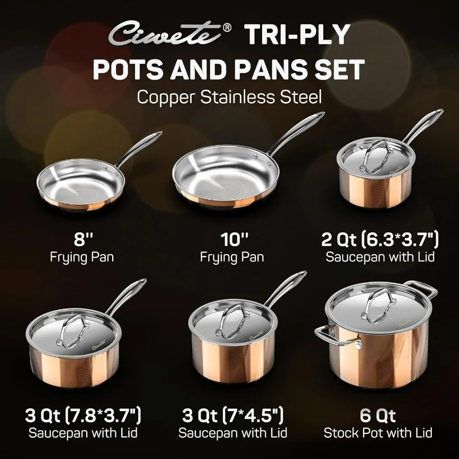 10 Stainless Steel Pot and Pan Set Copper Induction Cookware Ohberri