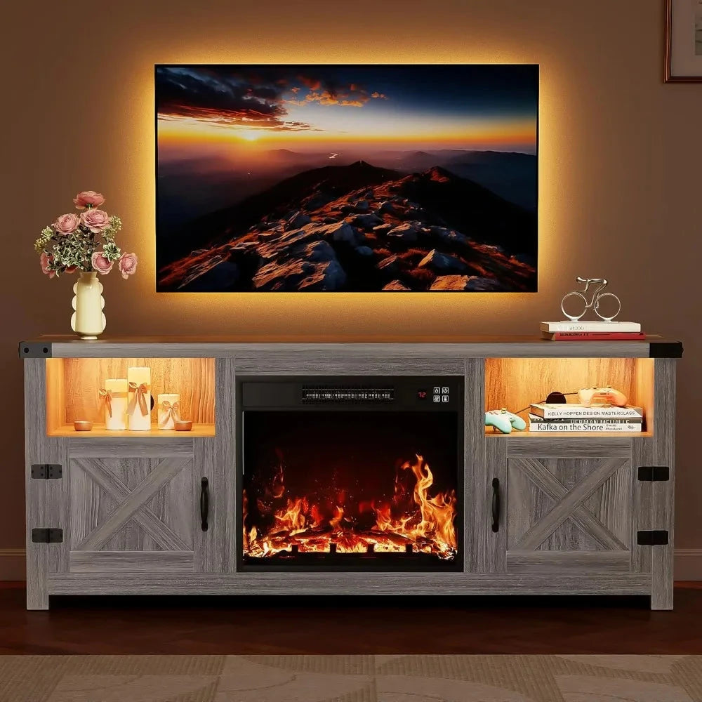65 Inch LED Fireplace TV Stand with Mood Lighting, Cabinet with Open Shelf & Hidden Cable Routing Ohberri