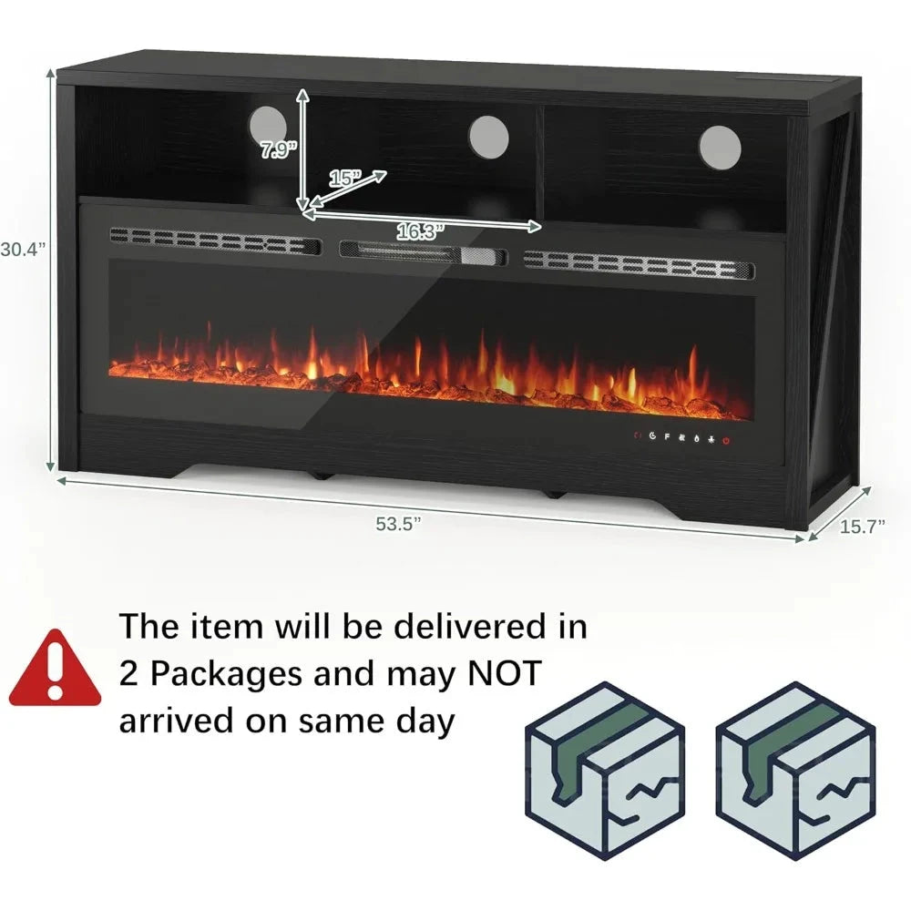 Fireplace TV Stand with 50" Glass Electric Fireplace with Power Outlets for Up to 65 inch TV Ohberri