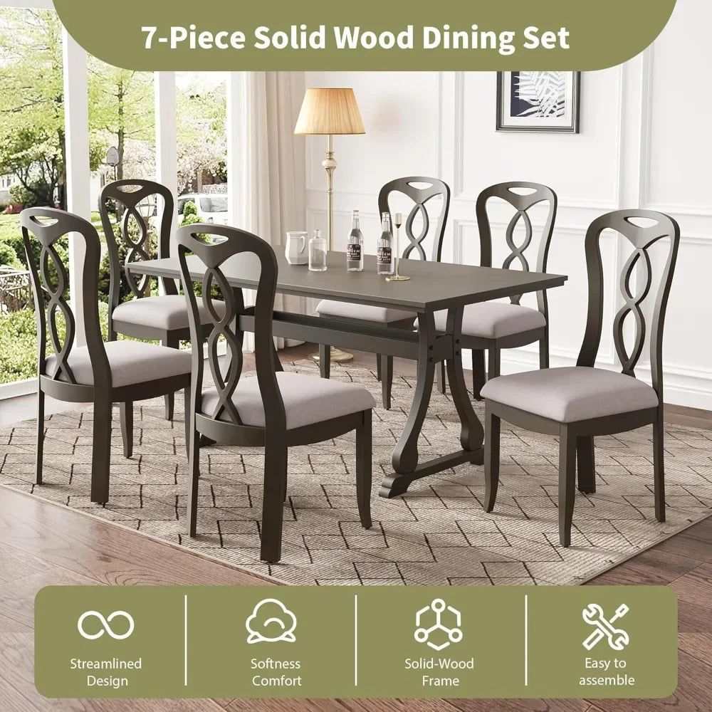 7 Piece Dining Table Set, Retro Kitchen Table Set with 6 Upholstered Dining Chairs, Wooden Table and Chairs Set for Dining Room - Ohberri