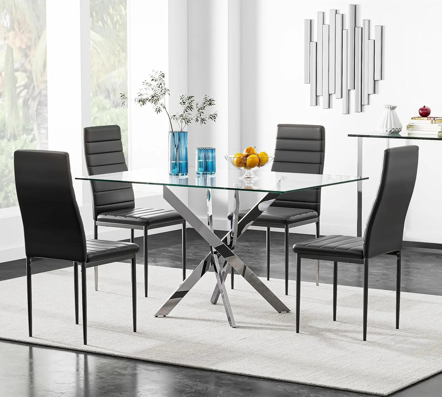5 Piece Dining Table Set,Tempered Glass Dining Table Set for 4 Kitchen Table Set with 4 Upholstered Chairs for Dining Room - Ohberri