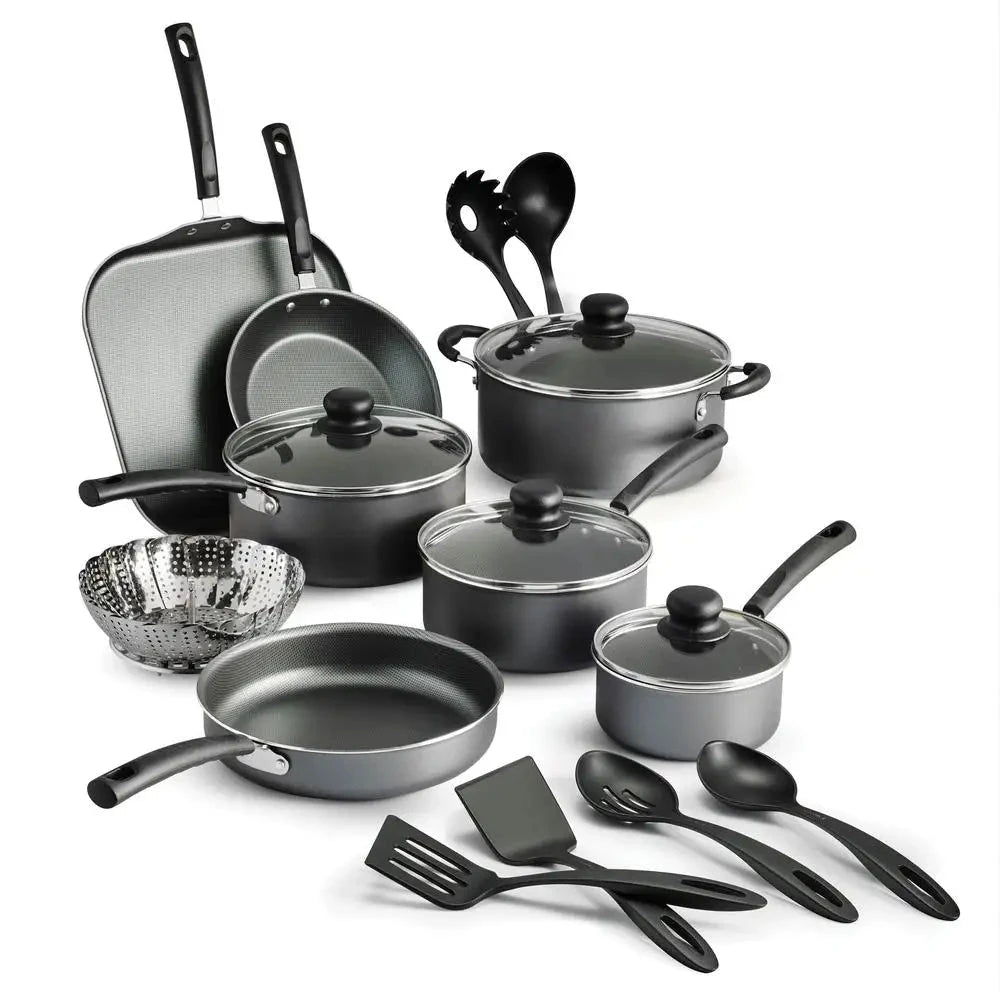 18-Piece Stainless Steel Nonstick Cookware Set Gray Tempered Glass Lids Ohberri