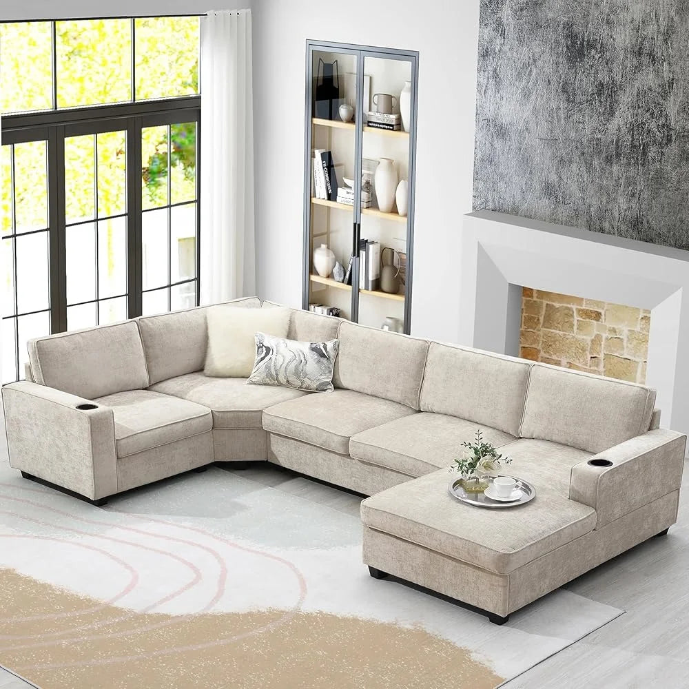 Modern U-Shaped Oversized Sectional Sofa with Cup Holders Chaise Lounge - Ohberri