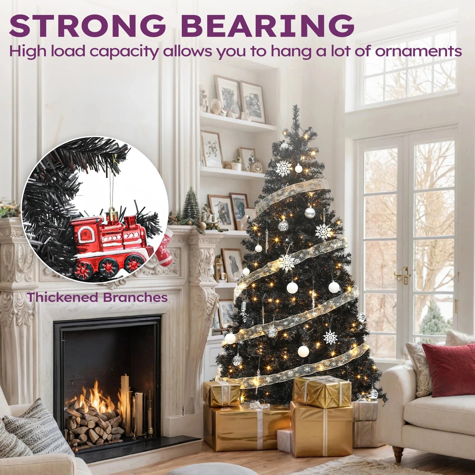 6 ft Prelit Black Christmas Tree Artificial with 818 Branch Tips & 250 Lights Ohberri