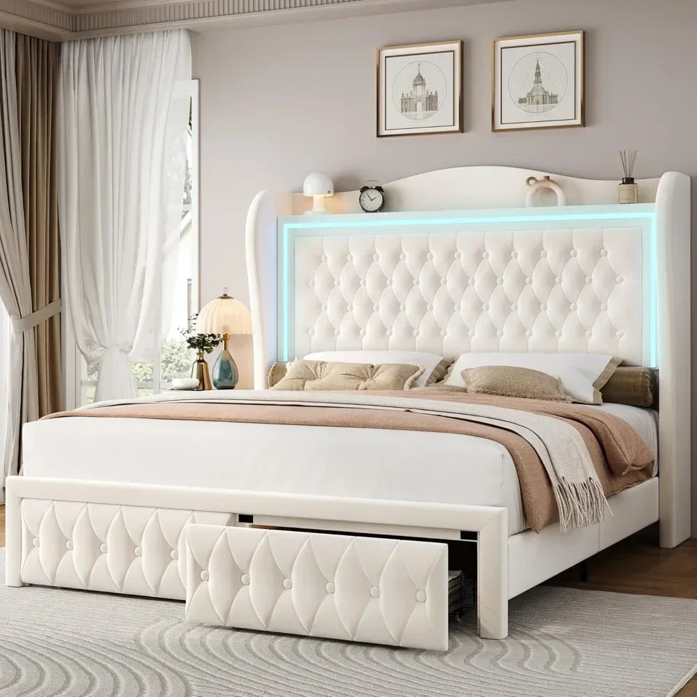 55" Tall Headboard LED, Tufted Velvet Upholstery, 2 Storage Drawers, Wood Slats- Beige - Ohberri
