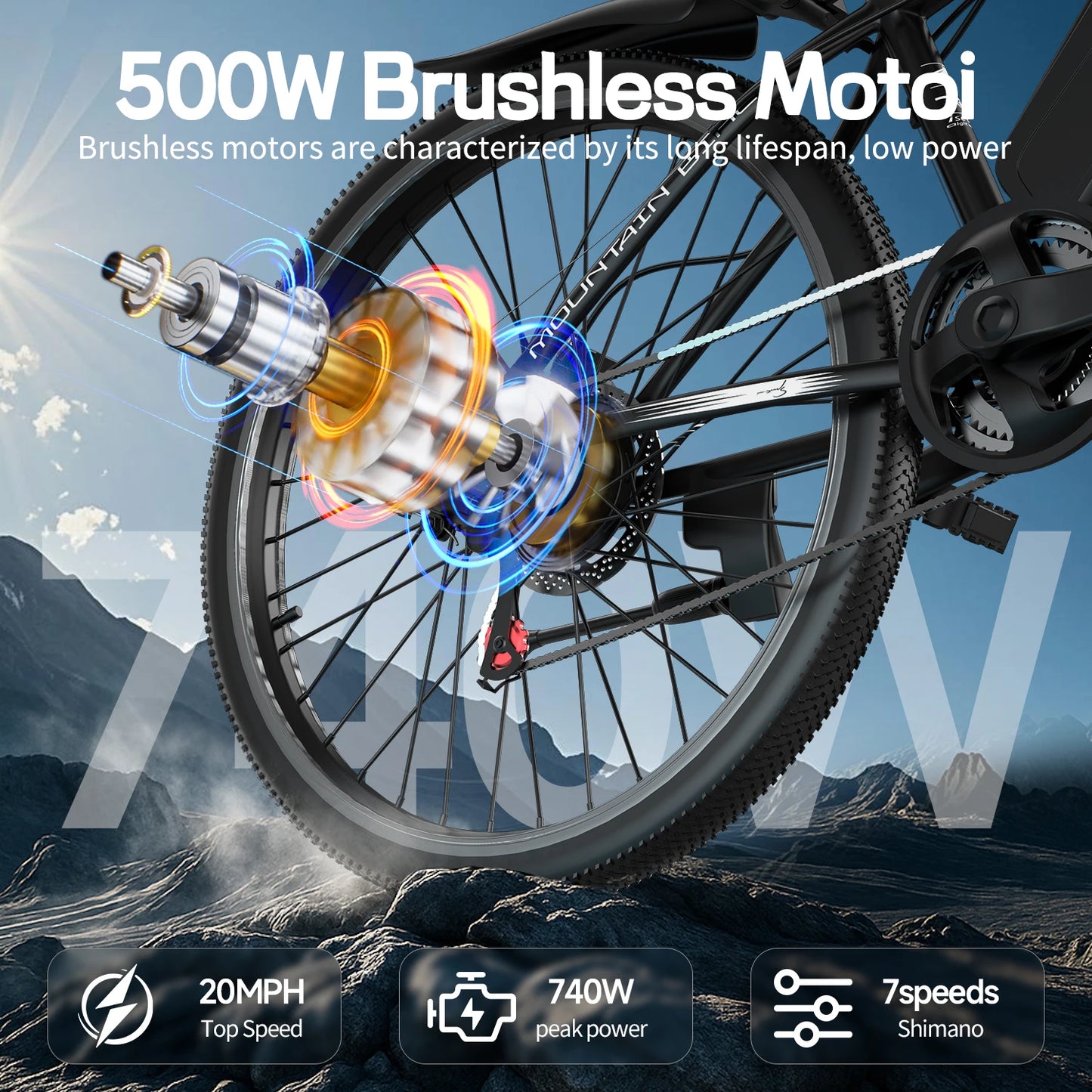 26''Electric Bike,Motorcycle 700W Peak Motor,20MPH 35Miles 480Wh 7-Speed& LCD Display - Ohberri