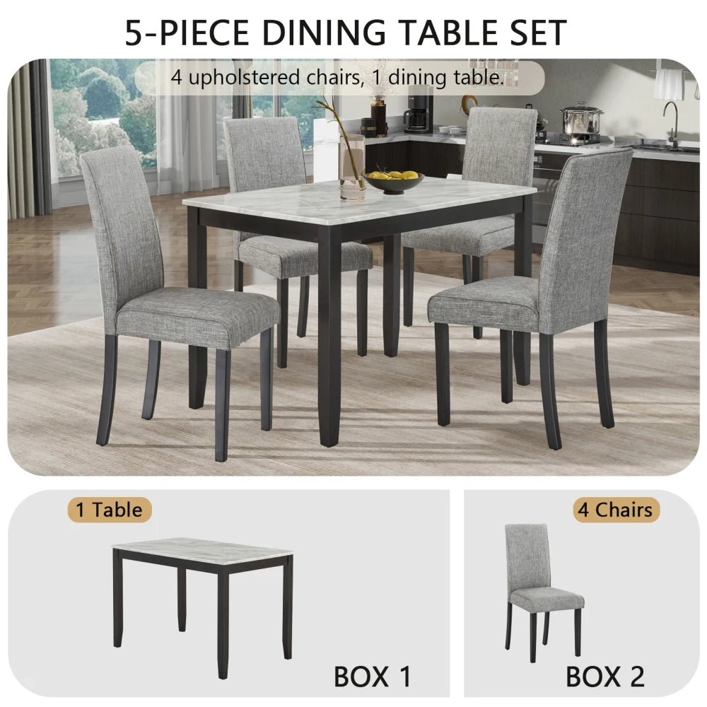 5-Piece Dining Set with Faux Marble Tabletop, Faux Marble dining table set for 4, Modern Wooden Dining Table Set for Kitchen - Ohberri