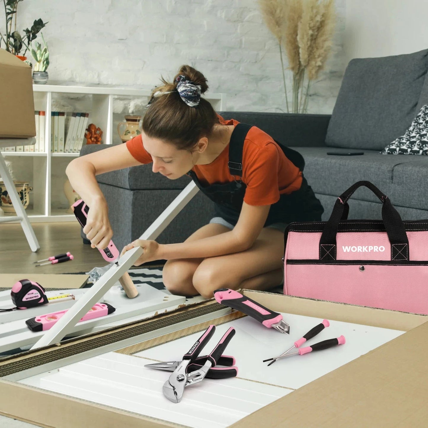 WORKPRO 53-Piece Pink Tool set with Electric Cordless Screwdriver Ohberri