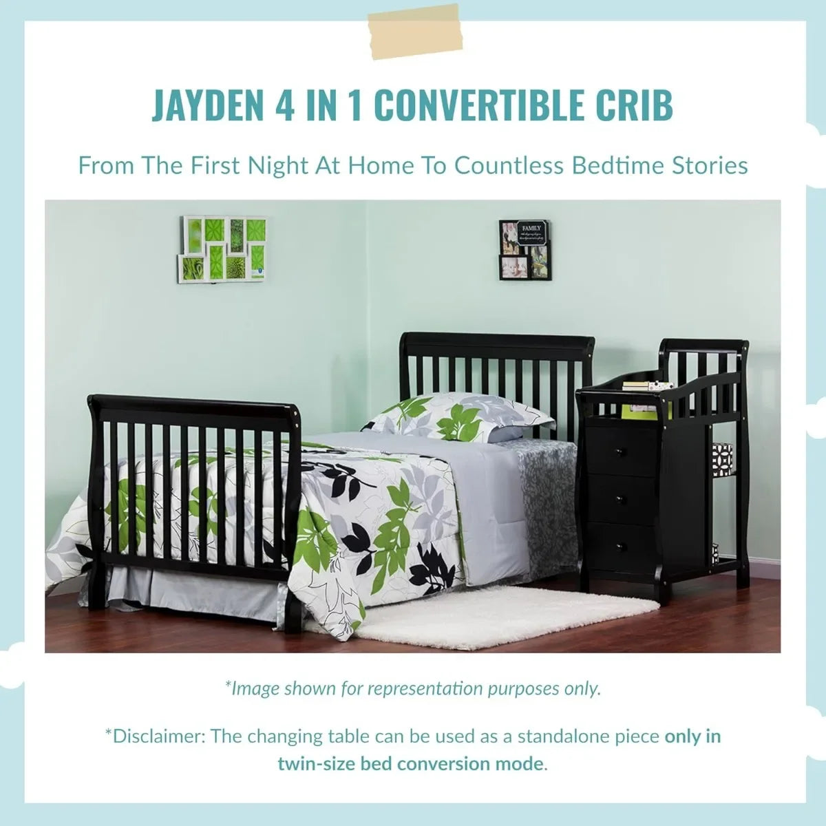 Convertible Crib with Storage Drawer, 3 Height Settings & Mattress Pad, Converts to Twin Bed - Ohberri