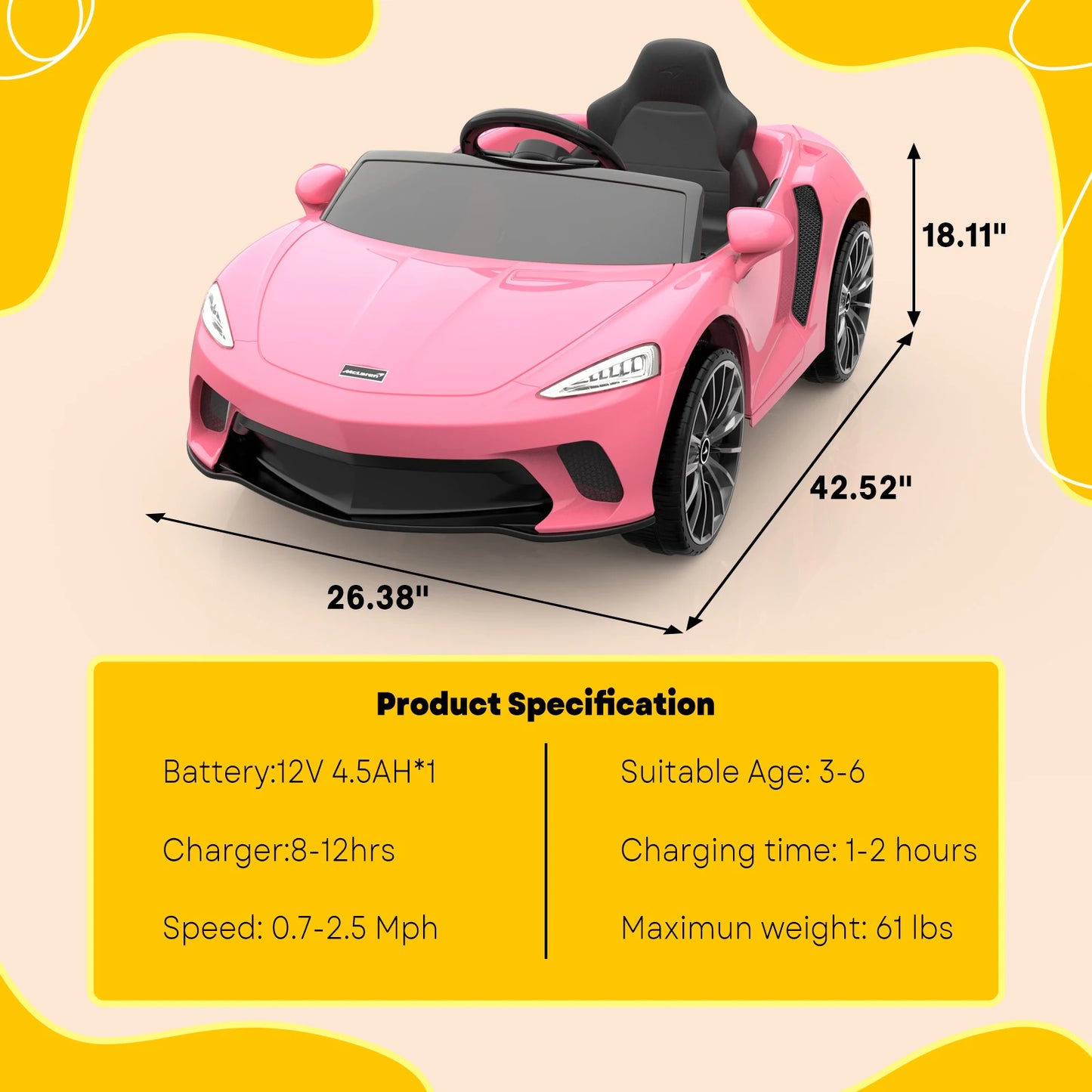 12V Licensed McLaren Battery Powered Sports Car with 2 Speeds, Parent Control - Ohberri