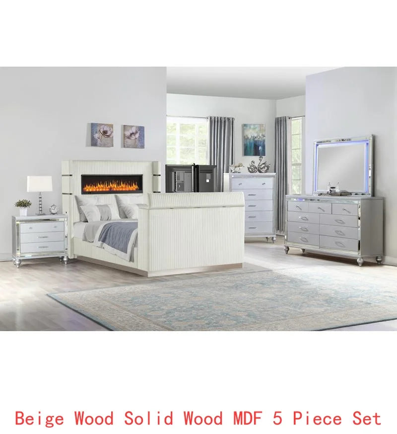 5 Pc Queen Bedroom Set with Fireplace Headboard & Footboard, Beige Wood Finish - Ohberri