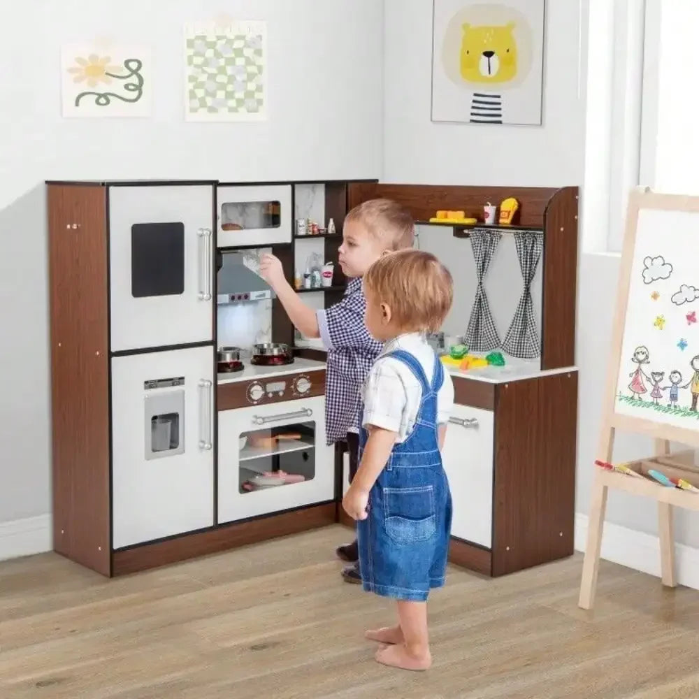 Corner Play Pretend Wooden Kitchen Set W/Water Circulation System & Lights - Ohberri
