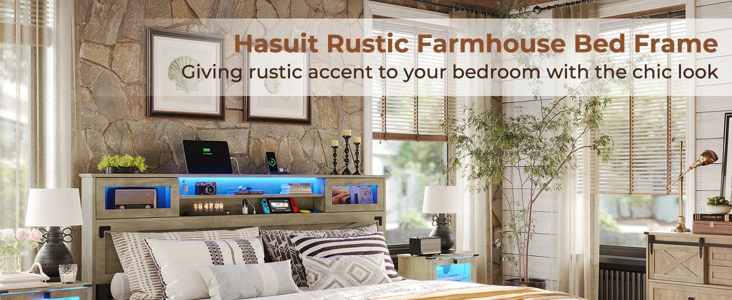 Farmhouse Bed Frame with Bookcase Headboard and 2 Drawers, Wooden Platform , Rustic Brown Ohberri