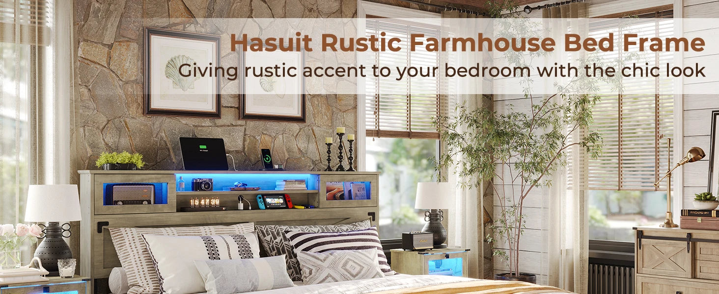 Farmhouse Bed Frame with Bookcase Headboard and 2 Drawers, Wooden Platform , Rustic Brown Ohberri