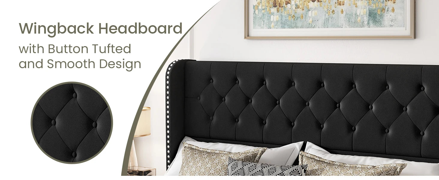 Bed Frame with 4 Storage Drawers and Tufted Headboard Velvet Upholstered Platform - Ohberri