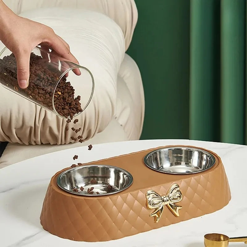 1PC Pet Pet Dog and Cat Food Bowls Bowtie Dog Food Drinking Double Bowl Pet Supplies Ohberri