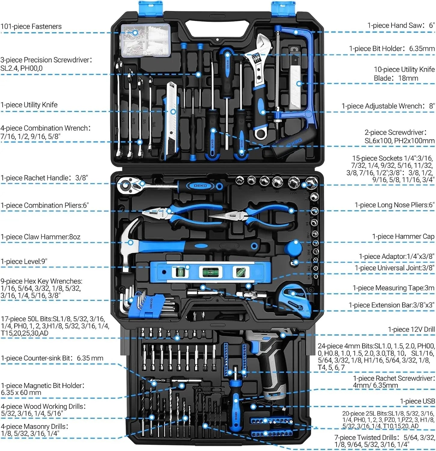 DEKO Mechanic Toolbox with 12V Power Cordless Drill Hand Repair Tools Sets Ohberri