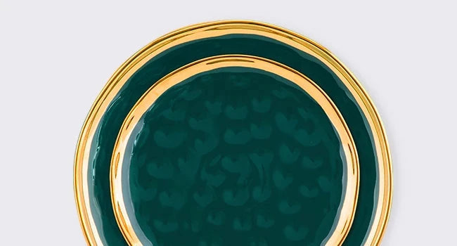 12 Pieces Plates and Bowls Sets, Porcelain Green and Gold Dinnerware Sets Ohberri
