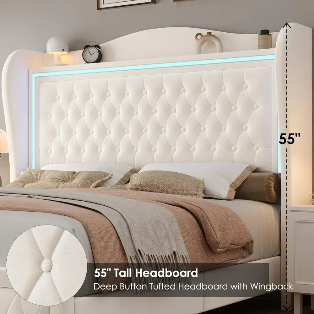 55" Tall Headboard LED, Tufted Velvet Upholstery, 2 Storage Drawers, Wood Slats- Beige - Ohberri