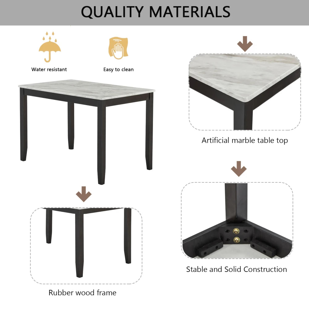 5-Piece Dining Set with Faux Marble Tabletop, Faux Marble dining table set for 4, Modern Wooden Dining Table Set for Kitchen - Ohberri