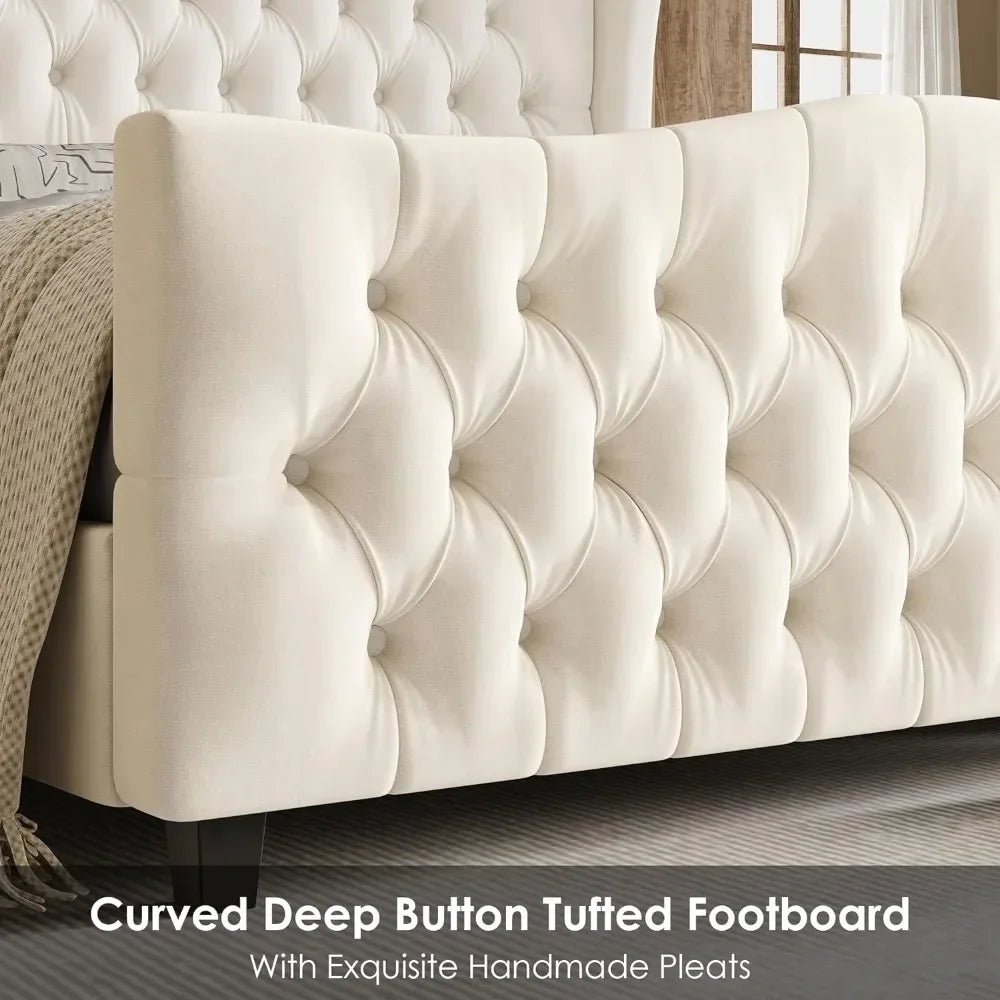 Velvet Upholstered Deep Button Tufted Wingback Headboard and Footboard - Ohberri