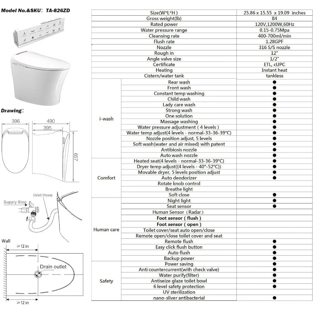 Smart Toilet With Bidet - Heated Seat, Integrated Multi-Function, Tankless, Automatic Flushing Ohberri