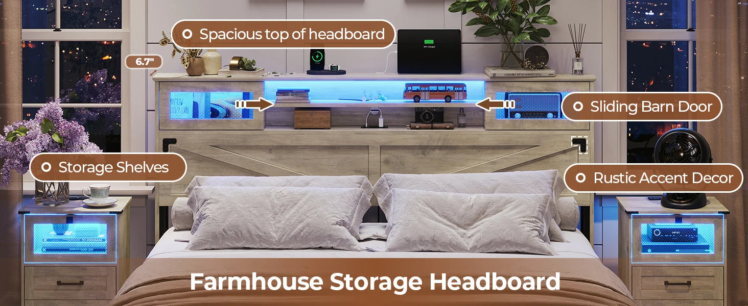 Farmhouse Bed Frame with Bookcase Headboard and 2 Drawers, Wooden Platform , Rustic Brown Ohberri