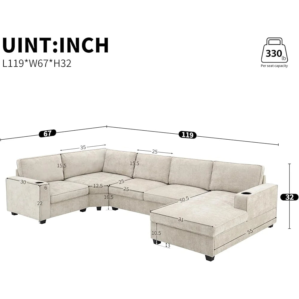 Modern U-Shaped Oversized Sectional Sofa with Cup Holders Chaise Lounge - Ohberri