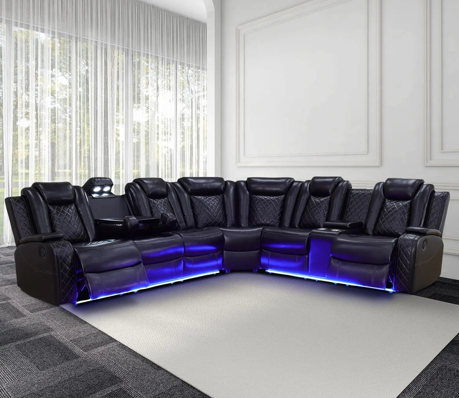 Recliner Leather Sofa Sectional Couch with LED Light with Storage - Ohberri