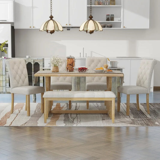 retro 6-piece dining table set, rectangular table with unique legs and 4 upholstered chairs & 1 bench - Ohberri