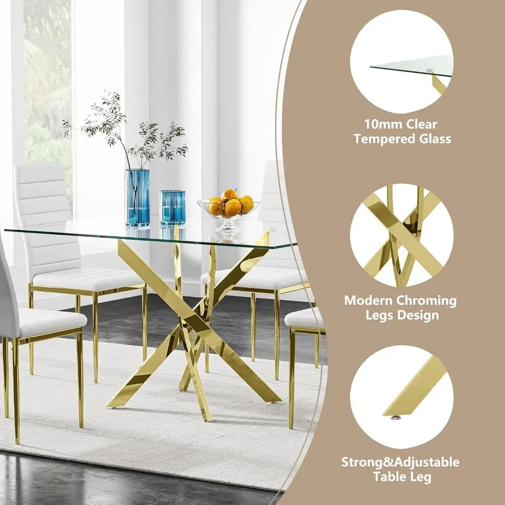 5 Piece Dining Table Table Set, Tempered Glass Dining Tables Set for 4 Kitchen Tables Set with 4 Upholstered Chairs - Ohberri