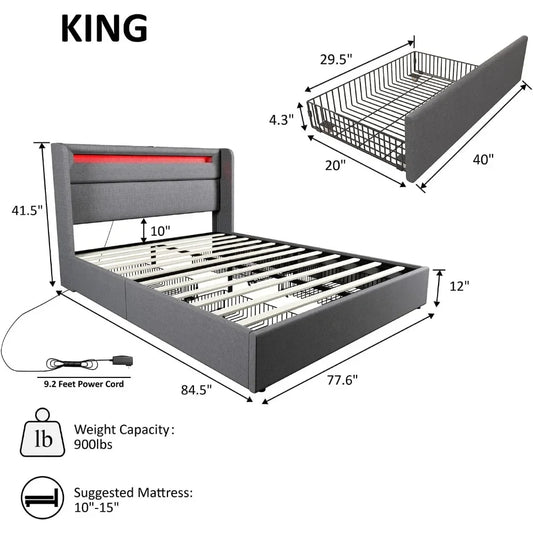 King Bed Frame with RGBW LED Lights Headboard & 4 Storage Drawers - Ohberri