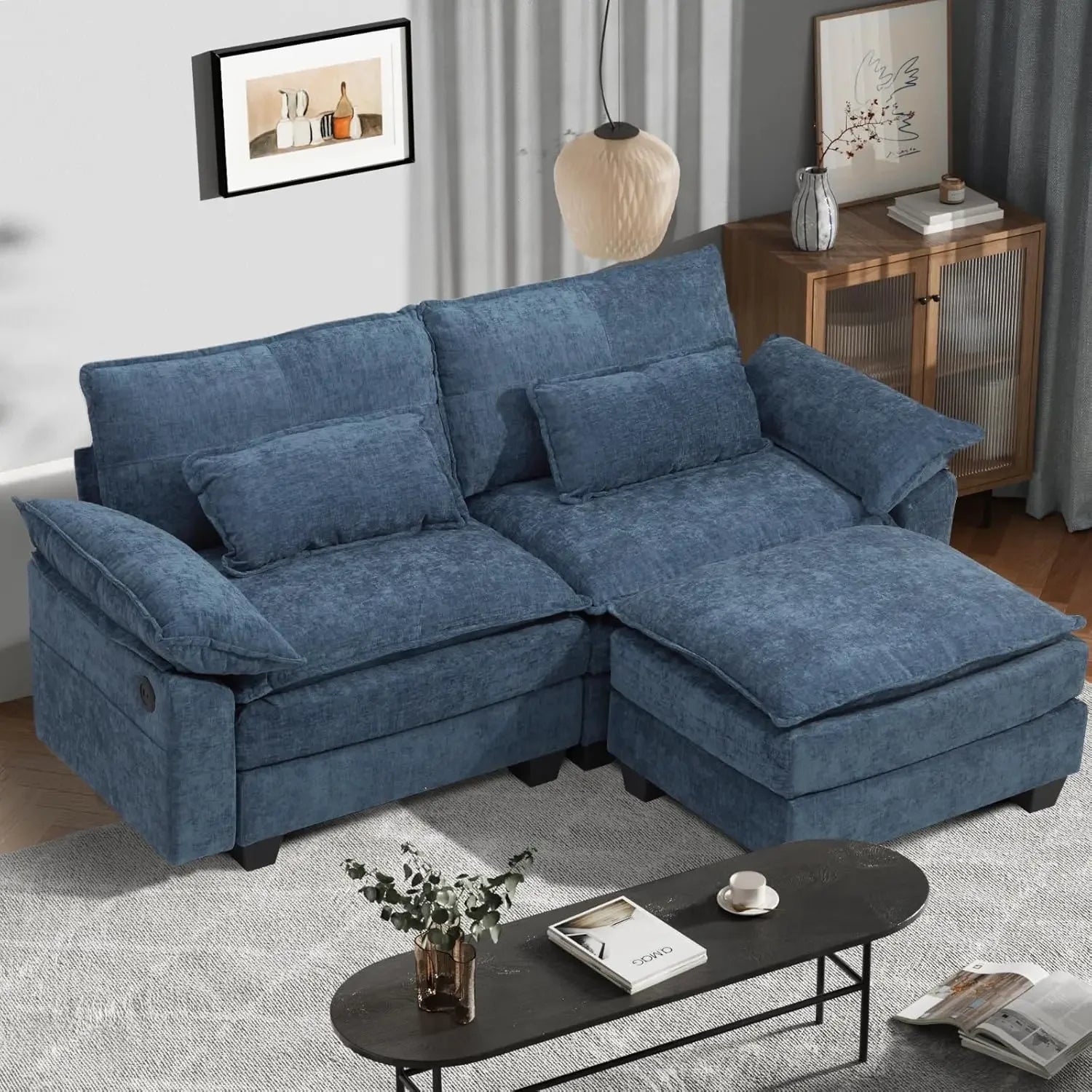 Cloud Couch Sectional with USB, Movable Ottoman, 3-Layer, Modern - Ohberri