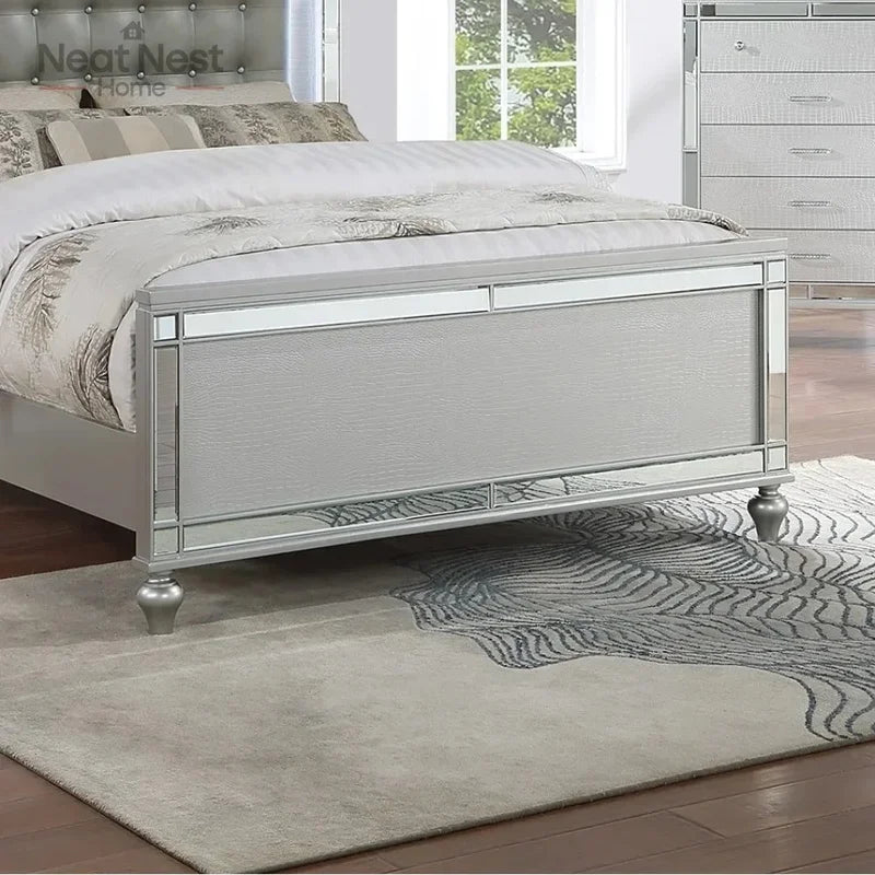 King Size Panel Bed Frame with LED Lights - Beautiful Silver Tufted Faux Leather - Ohberri