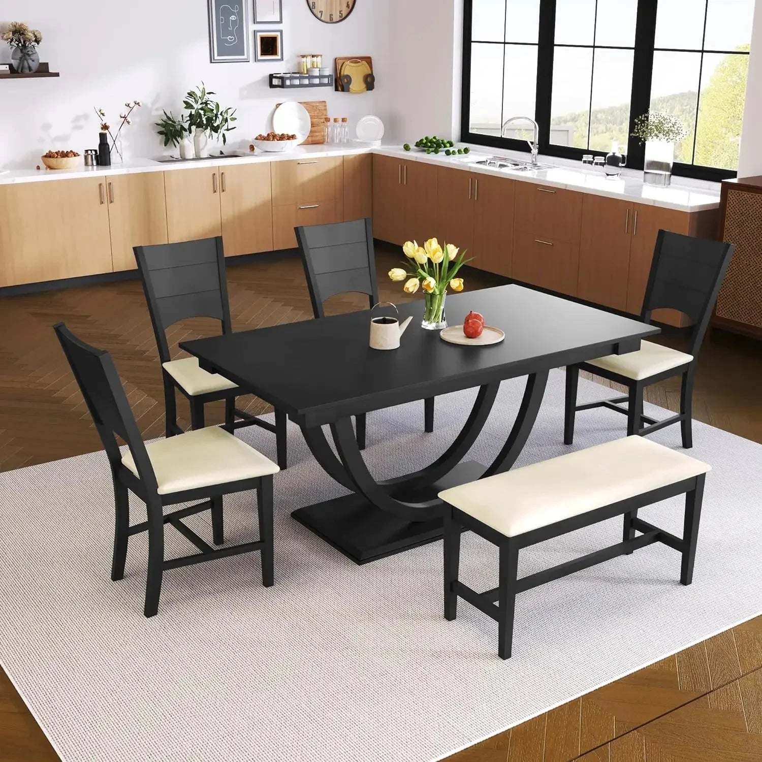 6 Pieces Dining Table Set with Bench, Rectangle Dining Table with 4 Upholstered Chairs & a Bench, Wood Ohberri