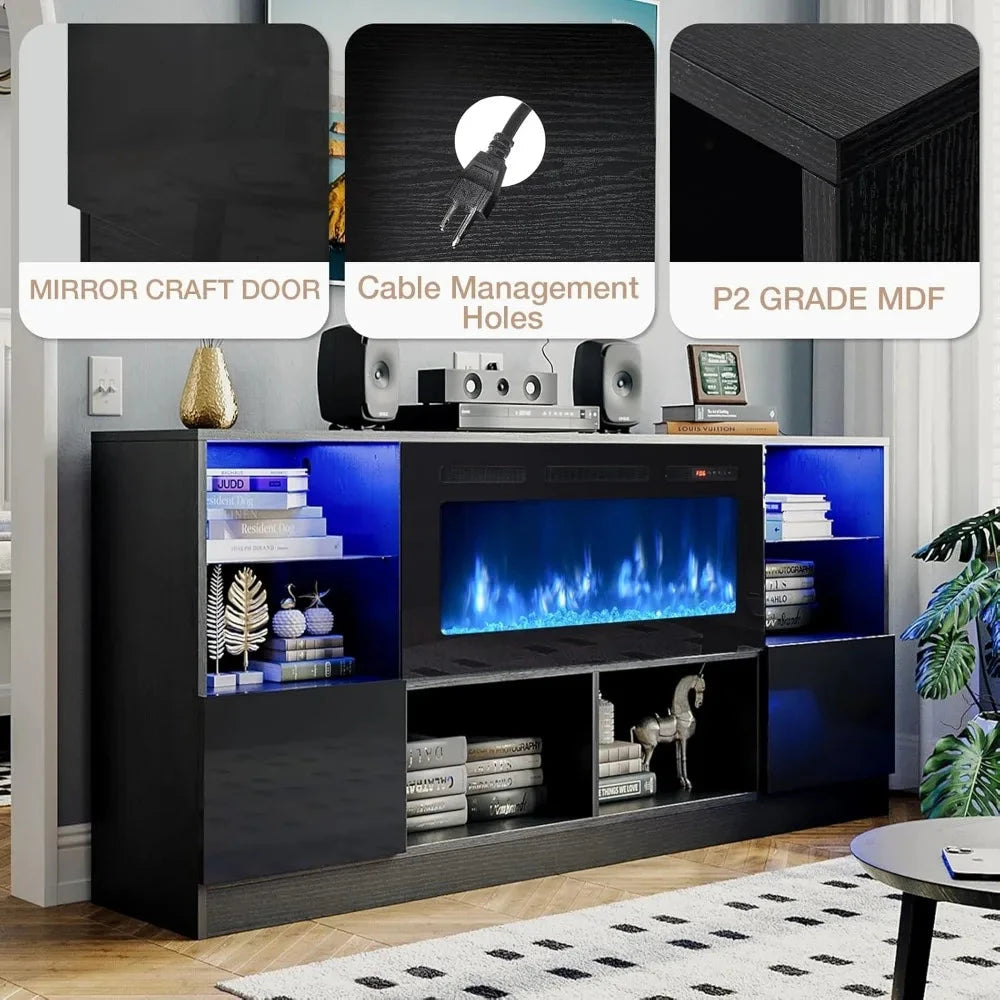 fireplace tv stand with 36” electric fireplace, 70” tv console tvs up to 80", led light Ohberri