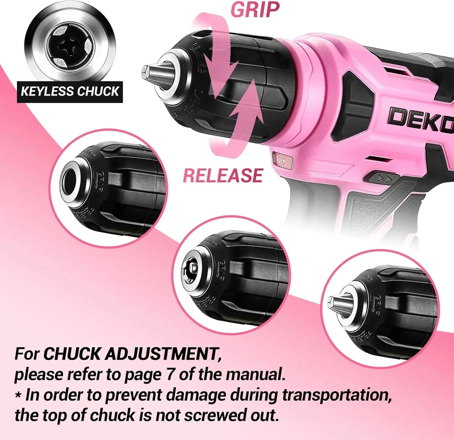 DEKO 8V Pink Cordless Drill, Drill Set with 3/8"Keyless Chuck, 42pcs Ohberri