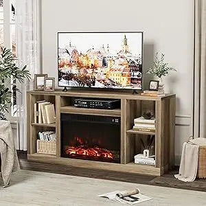 TV Stand for 65 Inch TV, Media Entertainment Center Console Table with 26" Electric Fireplace- Farmhouse Ohberri