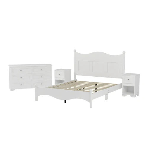 4-Pieces Retro Style Bedroom Sets, Queen Size Platform Bed Storage Nightstand and Dresser with Metal Handle, White - Ohberri