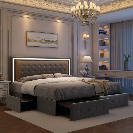 LED Bed Frame with 4 Storage Drawers, RGBW Headboard, PU Upholstered - Ohberri