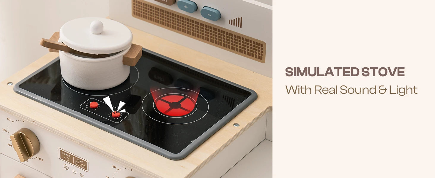 Wooden Play Kitchen with Real Lights Sounds Ice Cube Dispenser -White - Ohberri