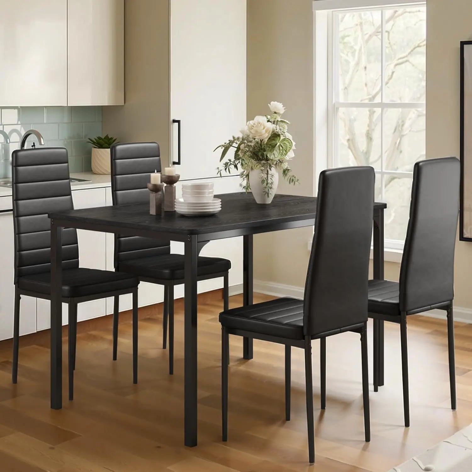 Dining Table Set for 4, Kitchen Table Chairs Set of 4, 5 Piece Kitchen Table Set with 4 Upholstered PU Leather Chairs - Ohberri