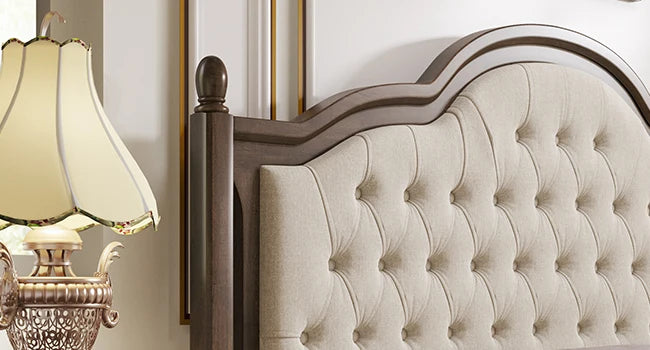 King Size Wood Bed Frame with Upholstered Headboard, Solid Wood Platform Bed with Linen Tufted - Ohberri
