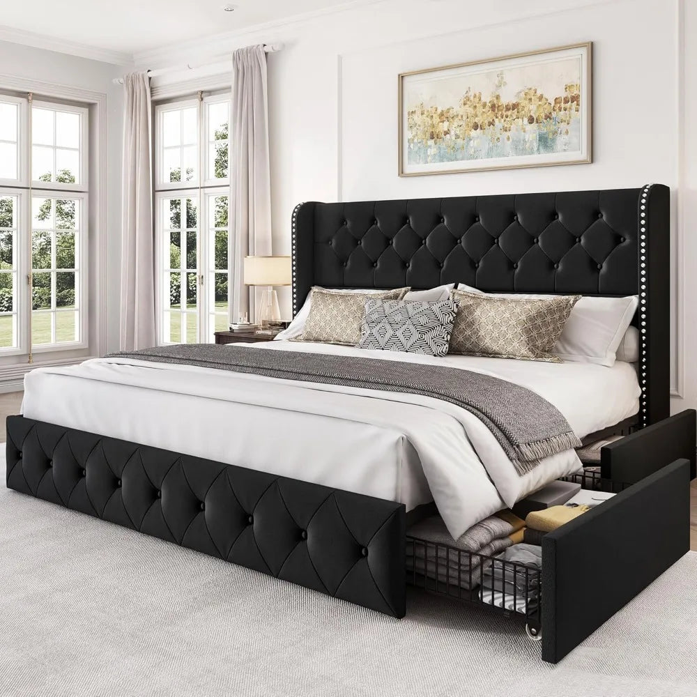 Bed Frame with 4 Storage Drawers and Tufted Headboard Velvet Upholstered Platform - Ohberri