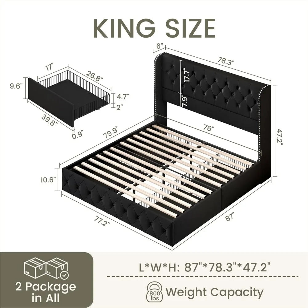 Bed Frame with 4 Storage Drawers and Tufted Headboard Velvet Upholstered Platform - Ohberri