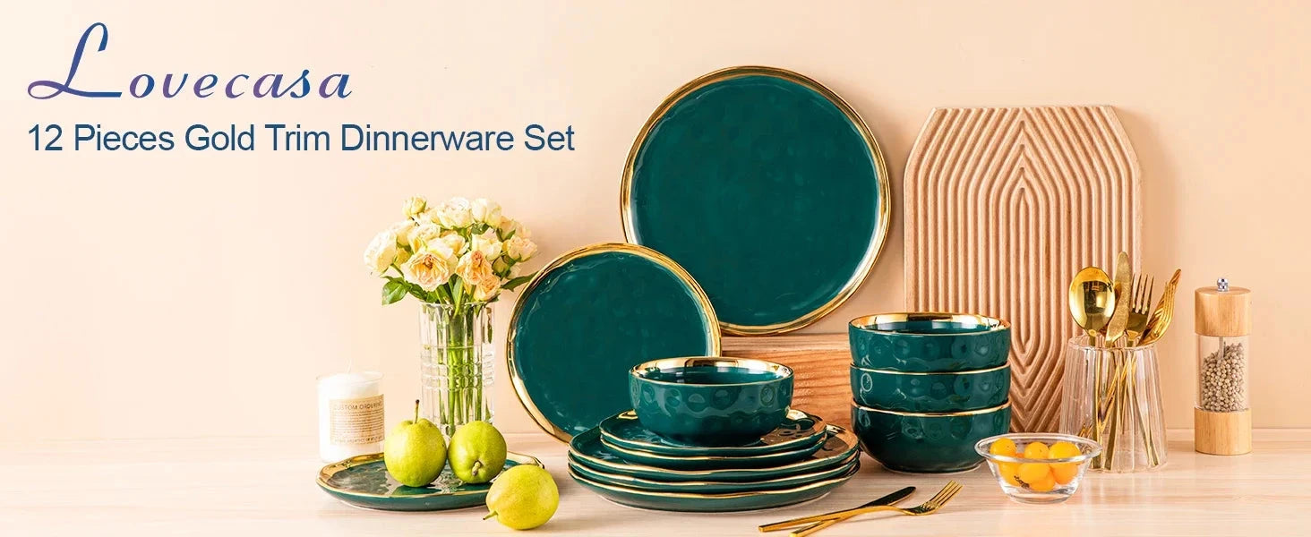 12 Pieces Plates and Bowls Sets, Porcelain Green and Gold Dinnerware Sets Ohberri