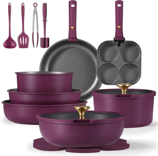 21pcs Pots and Pans Set, Nonstick Cookware Set Detachable Handle, Induction Ohberri