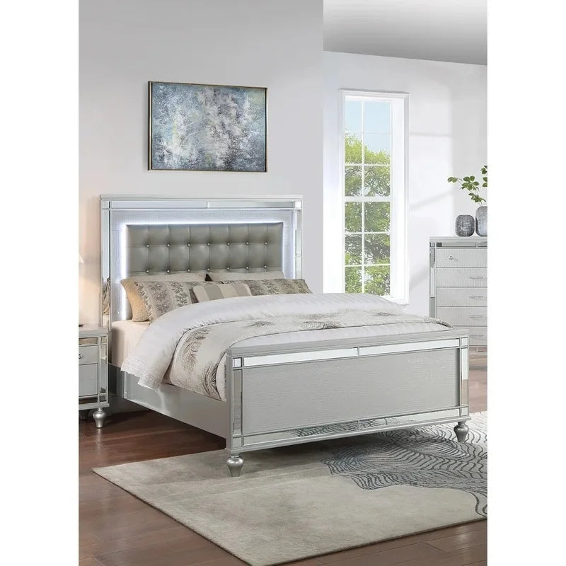 King Size Panel Bed Frame with LED Lights - Beautiful Silver Tufted Faux Leather - Ohberri